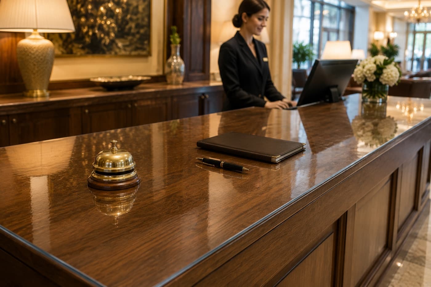 Lada konsjerża w recepcji hotelu zabezpieczona miękkim szkłem przed zarysowaniami i wodą