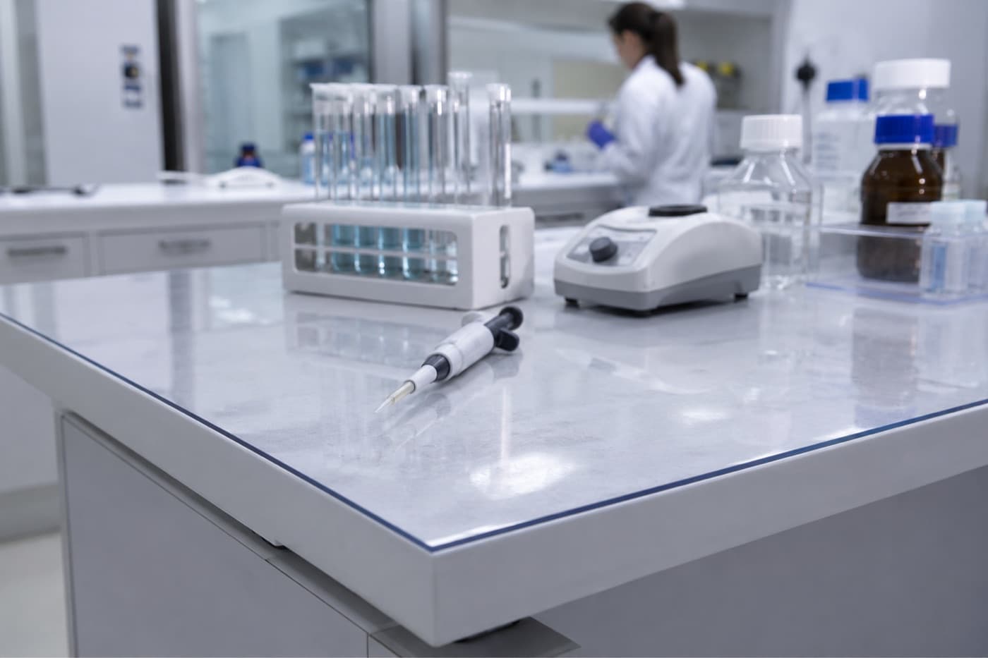 Blat laboratoryjny w klinice osłonięty przezroczystą matą ochronną z miękkiego szkła