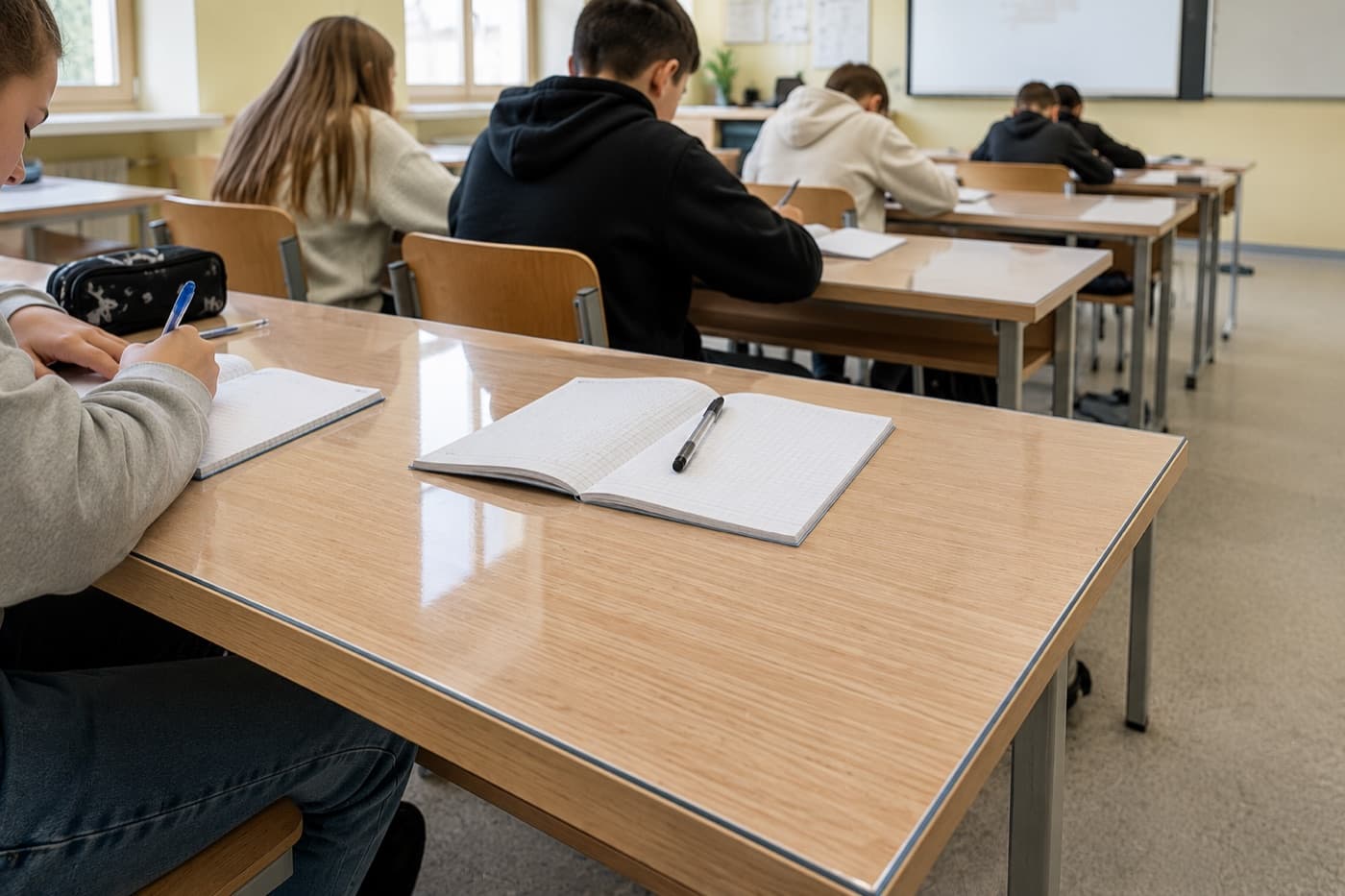 Uczniowskie ławki w klasie szkolnej osłonięte przezroczystą matą ochronną z miękkiego szkła