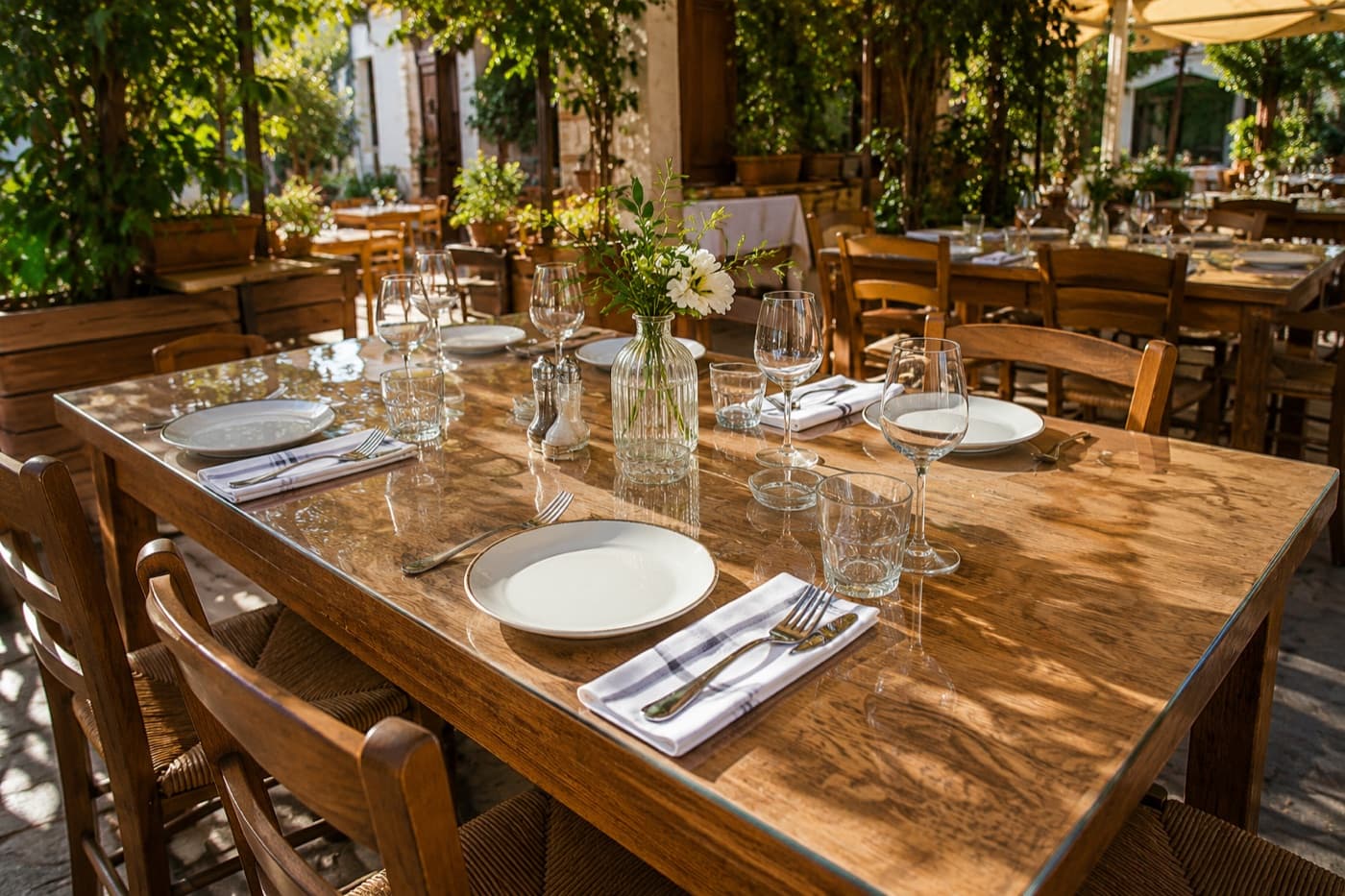 Drewniane stoły na tarasie restauracji z matą ochronną z miękkiego szkła w letnim świetle